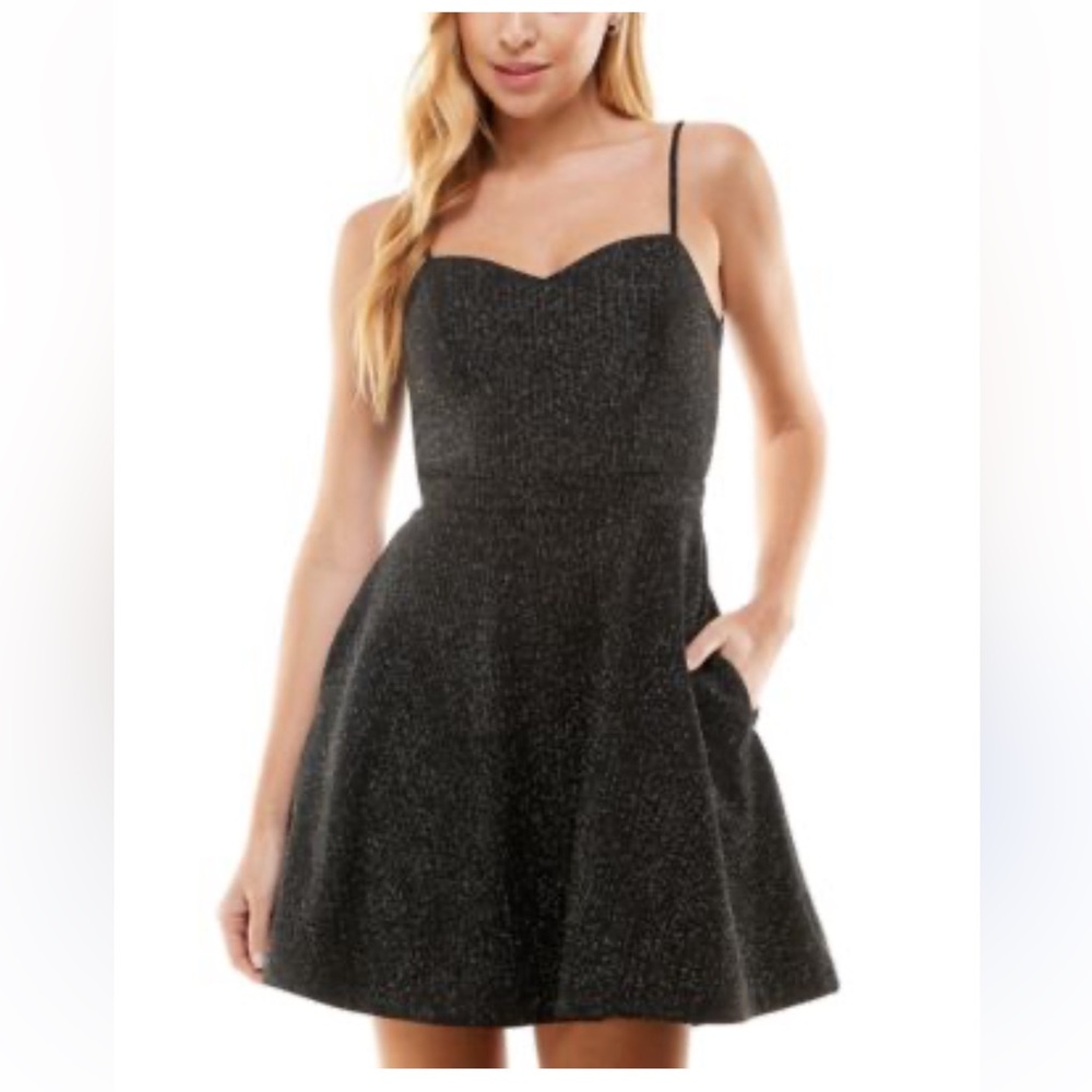 City Studios Juniors' Metallic Open Back Skater Charcoal Dress Size 3